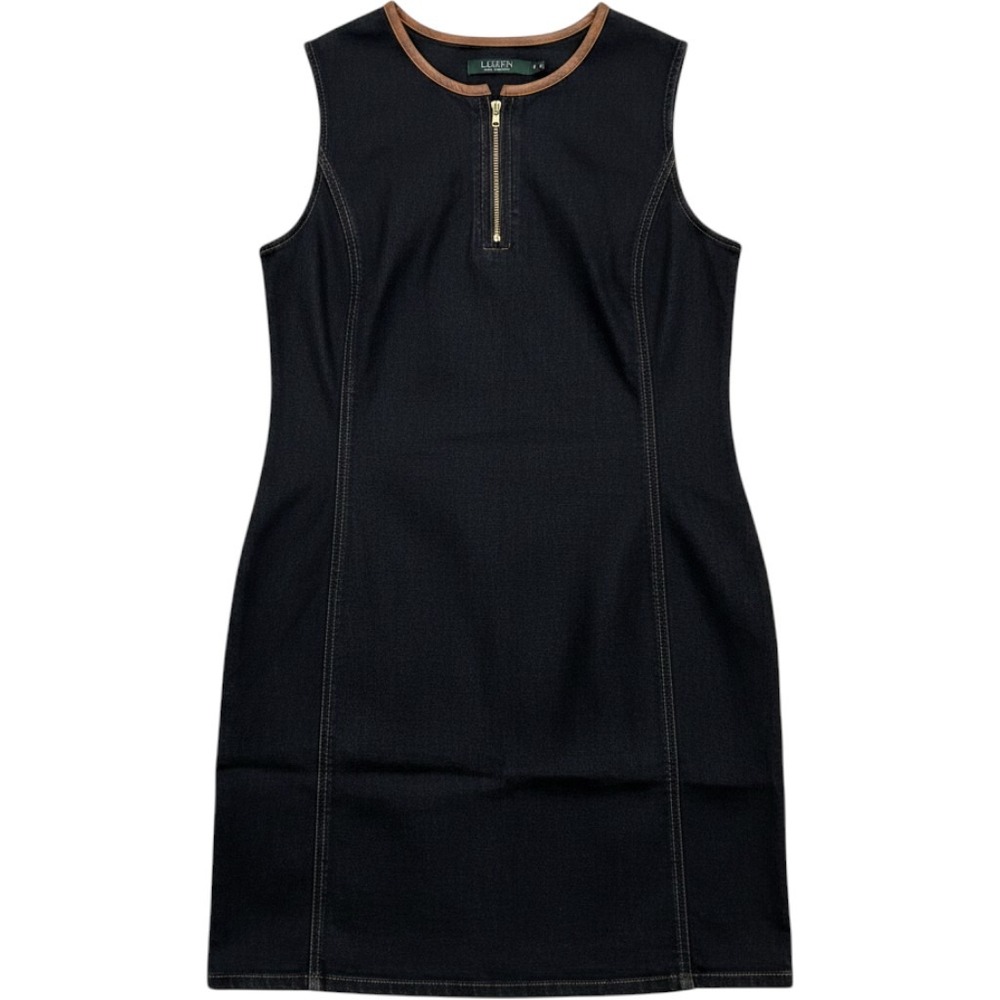 Lauren Ralph Lauren Denim Shift Dress 8 Dark Indigo Brown Leather Preppy Chic